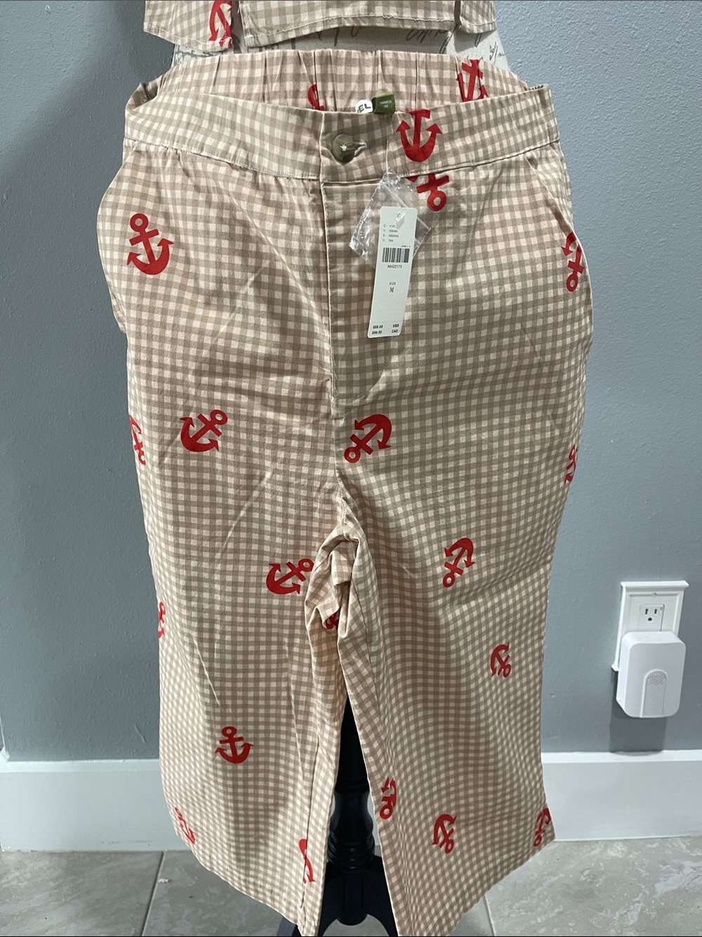 Anthropologie Beige Gingham Anchor Print Nautical Summer Style set 2 pieces - Picture 3 of 6